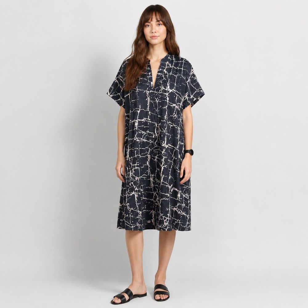 Emerson Fry Organic Linen Kaftan Dress Black White Boho‎ Resort One Size